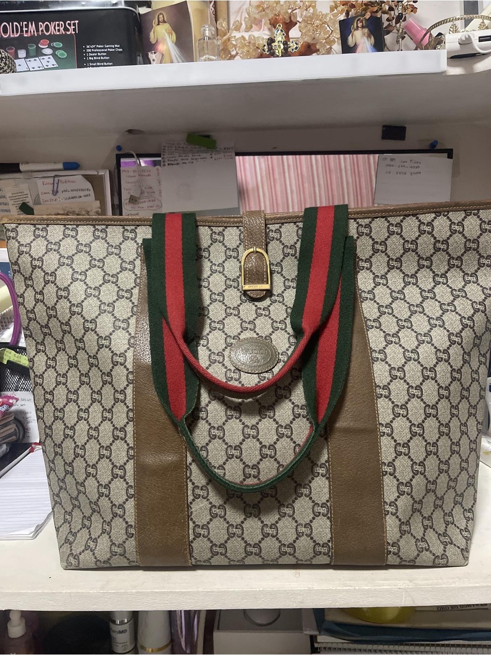 Gucci Beige Monogram Tote with Green & Red Straps